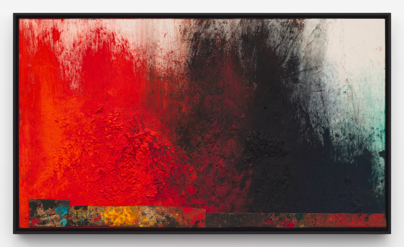 Sterling Ruby, HORIZON. AZIMUTH., 2024. Acrylic, oil, and cardboard on canvas, 30 x 52 1/2 in. (76.20 x 133.35 cm), 31 3/4 x 54 1/4 in. (80.64 x 137.79 cm) framed