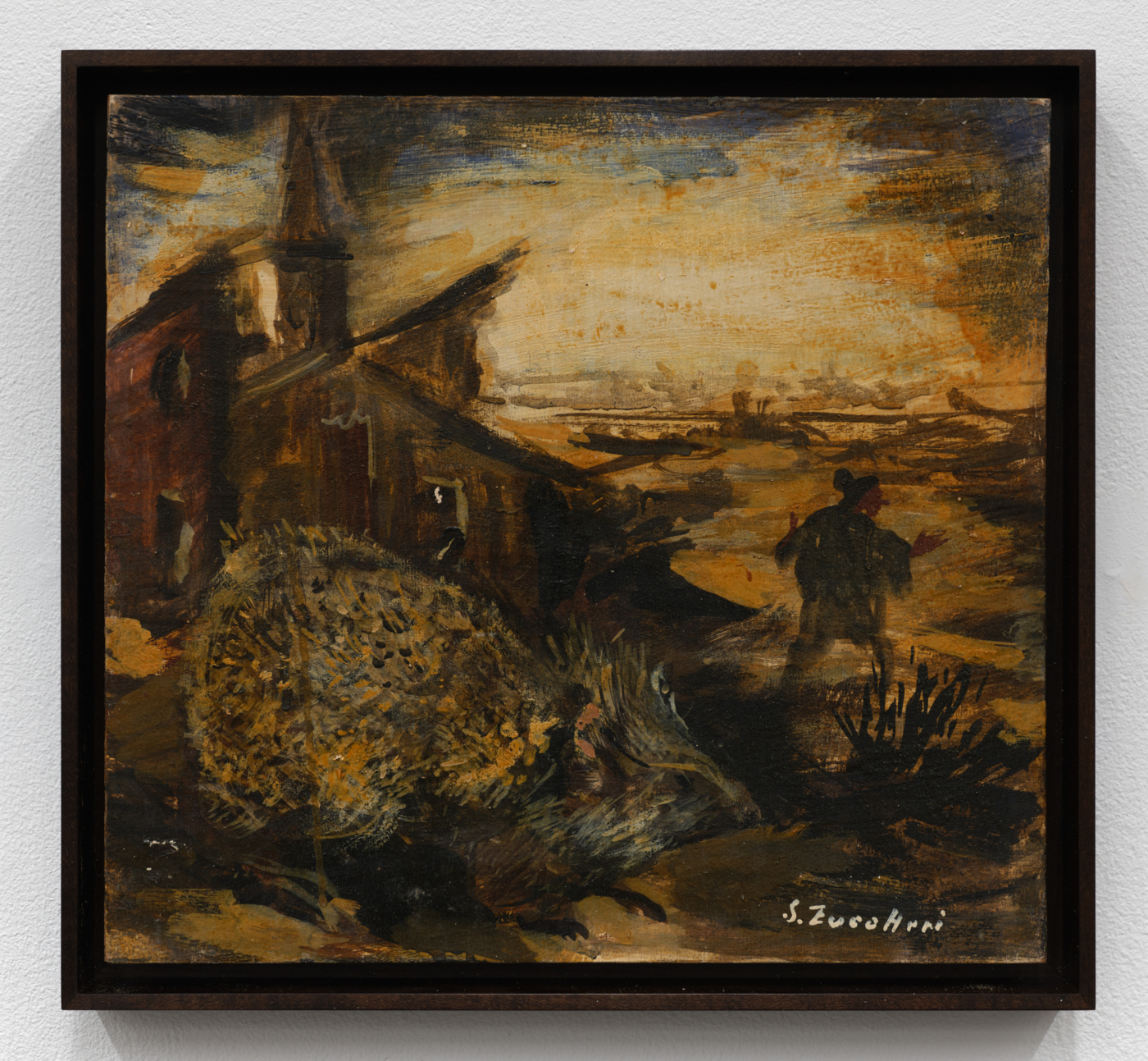 Luigi Zuccheri, Untitled (Riccio con figura umana), 1955/1960. Tempera on wood, 12⅝ x 13⅝ in. (32.00 x 34.61 cm), 13⅞ x 14⅞ in. (35.26 x 37.80 cm) framed