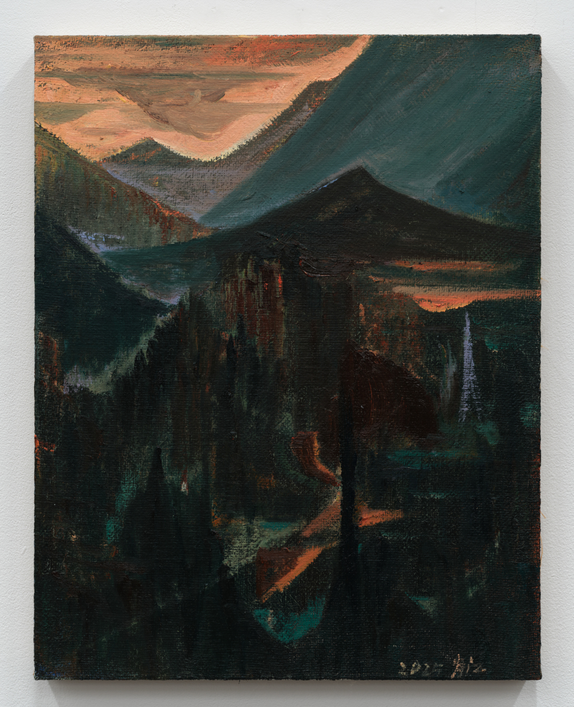 Xiao Jiang, Mountain View, 2025. Oil on burlap, 27 1/2 x 21 5/8 in. (70 x 55 cm)