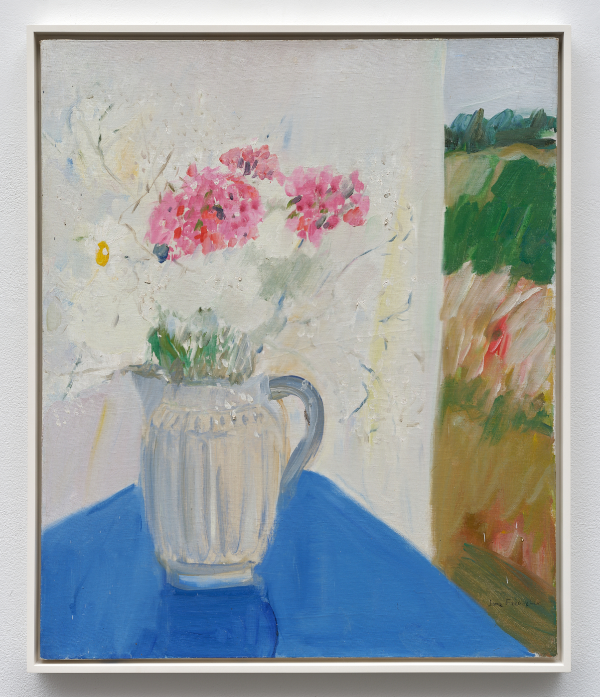 Jane Freilicher, Blue Table, 1966. Oil on linen, 30 1/8 x 25 1/8 in. (76.52 x 63.82 cm), 31 3/8 x 26 3/8 x 1 3/4 in. (79.69 x 66.99 x 4.45 cm) framed