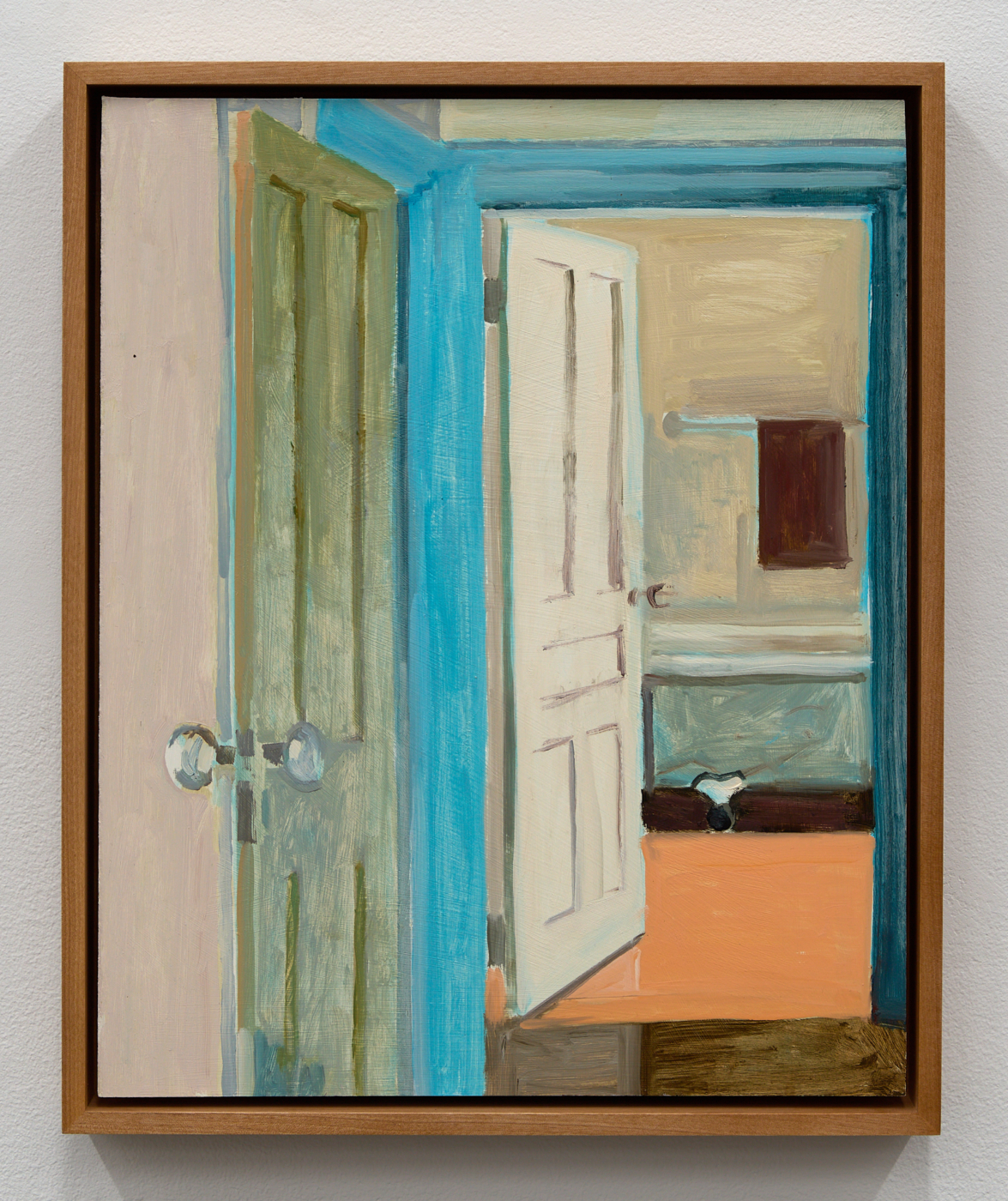 Lois Dodd, Two Doors + Tub, 2014. Oil on Masonite, 16 x 13 in. (40.64 x 33.02 cm), 17 1/4 x 14 1/8 x 1 7/8 in. (43.81 x 35.89 x 4.78 cm) framed