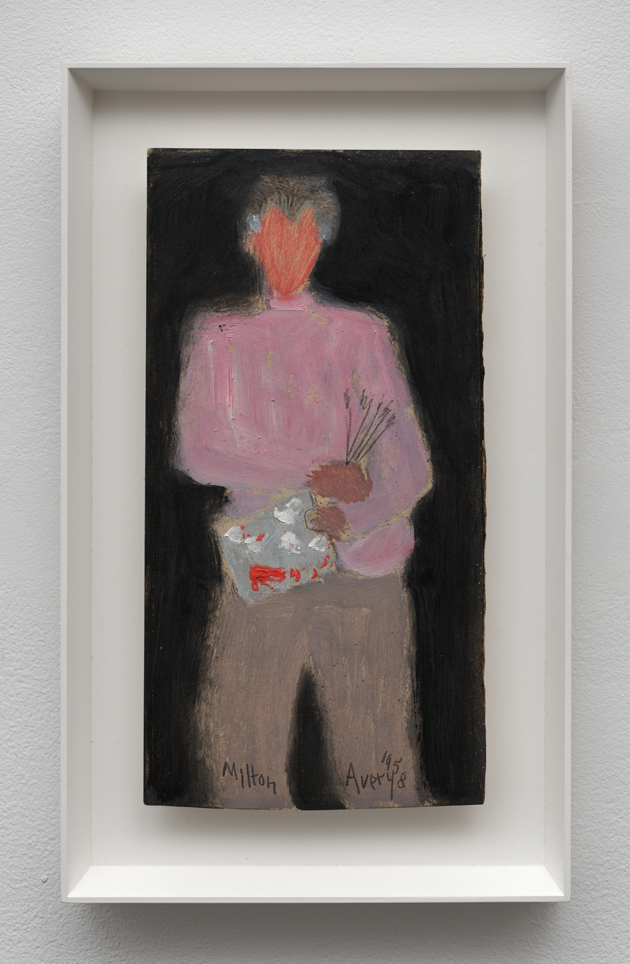 Self Portrait with Palette, 1958. Oil, pastel, and pencil on board
11 x 5 3/4 in. (27.94 x 14.61 cm), 14 x 8½ x 1½ in. (35.56 x 21.59 x 3.81 cm) framed