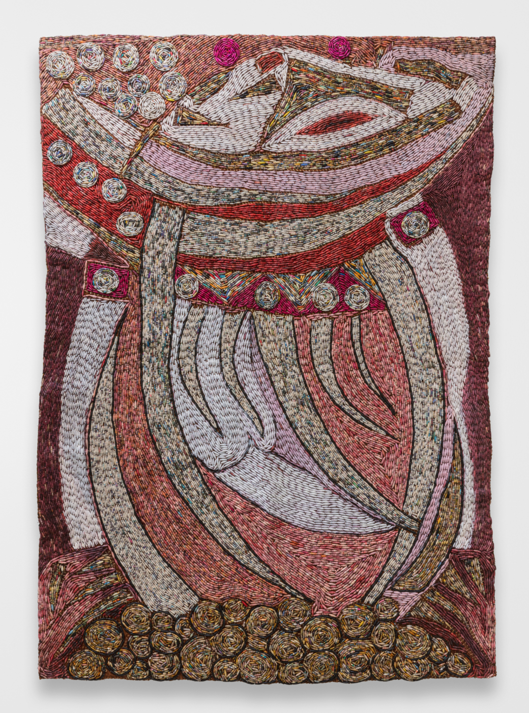 Sanaa Gateja, Living Vessel, 2019. Recycled paper beads on bark cloth, 74 3/4 x 51 1/8 in. (190 x 130 cm)