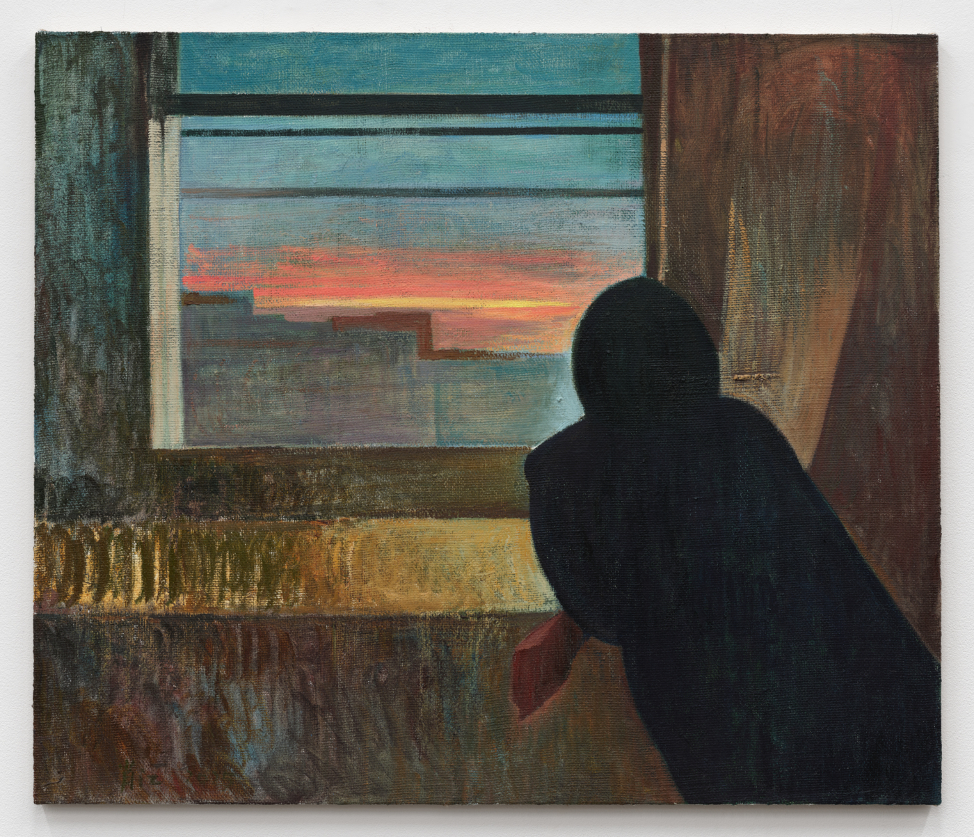 Xiao Jiang, Beyond the Window, 2025. Oil on burlap, 40 x 47 in. (101.6 x 119.38 cm)