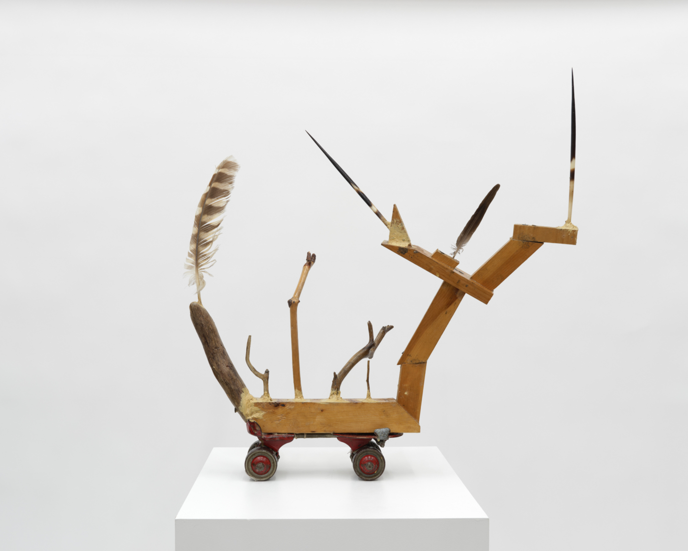 Rhino, 2010. Skate, wood, feathers, porcupine quills, and putty, 25 x 8 x 24 in. (63.50 x 20.32 x 60.96 cm)
