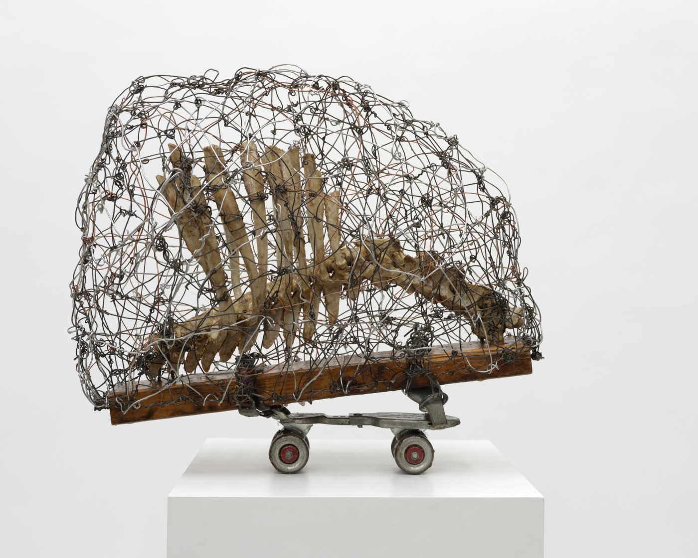 Skunk, 2011. Roller skate, wire, bone, wood, and screws, 34 x 20 x 23 in. (86.36 x 50.80 x 58.42 cm)