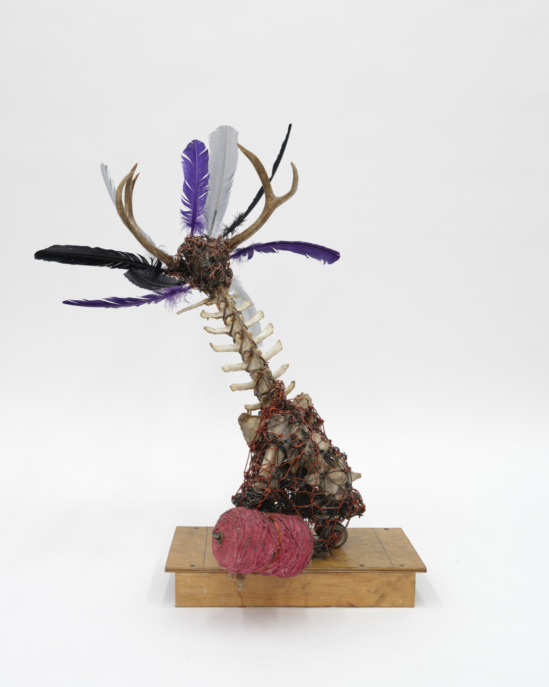 Werewolf, Into the Woods, 2011. Feathers, stones, wire, antlers, vertebrae, bones, wood, pencil, screws, rope, roller skate, 31 x 27 x 24 1/2 in. (78.74 x 68.58 x 62.23 cm)