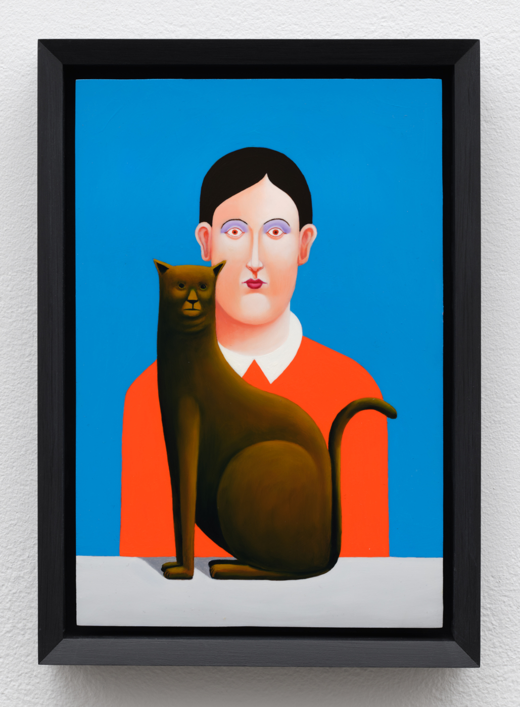 Portrait with Cat (Copper Version), 2025. Oil on copper, 8 1/4 x 5 1/2 in. (21.00 x 14.00 cm), 9 3/8 x 6 5/8 in. (23.81 x 16.84 cm) framed