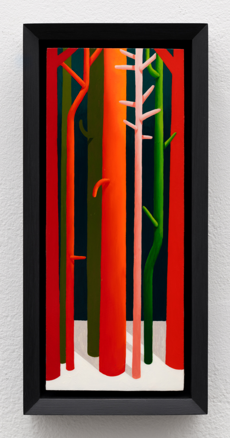 Tree Trunks (Copper Version), 2025. Oil on copper, 7 7/8 x 3 1/8 in. (20.00 x 8.00 cm), 9 x 4 1/4 in. (22.86 x 10.79 cm) framed