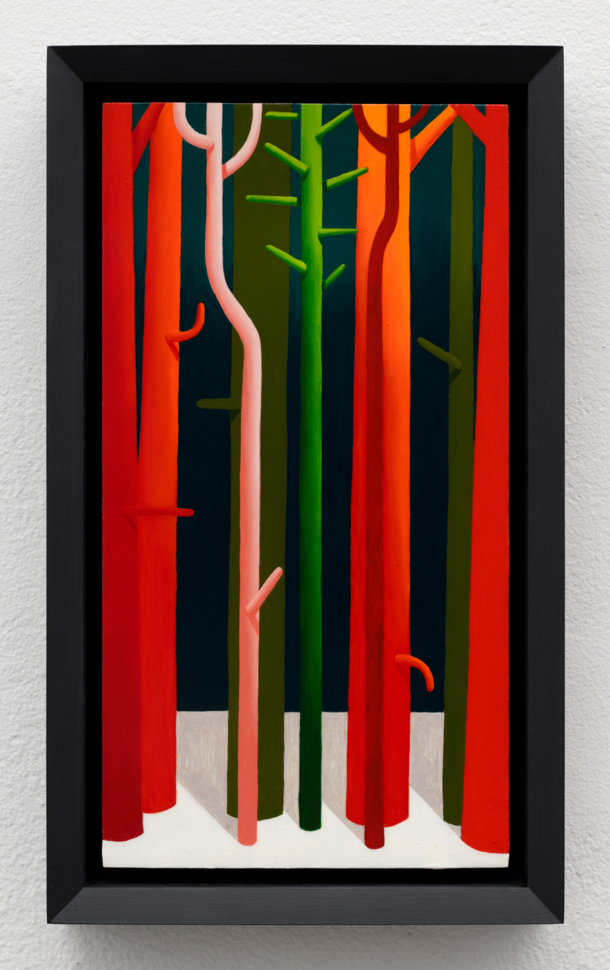 Tree Trunks (Copper Version), 2025. Oil on copper, 7⅞ x 4¼ in. (20 x 10.64 cm), 9 x 5 1/4 in. (22.86 x 13.34 cm) framed