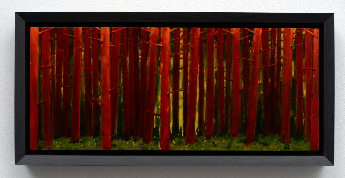 Tree Trunks, 2025. Oil on copper, 4¾ x 11 in. (11.9 x 27.9 cm), 5 3/4 x 12 1/8 in. (14.61 x 30.80 cm) framed