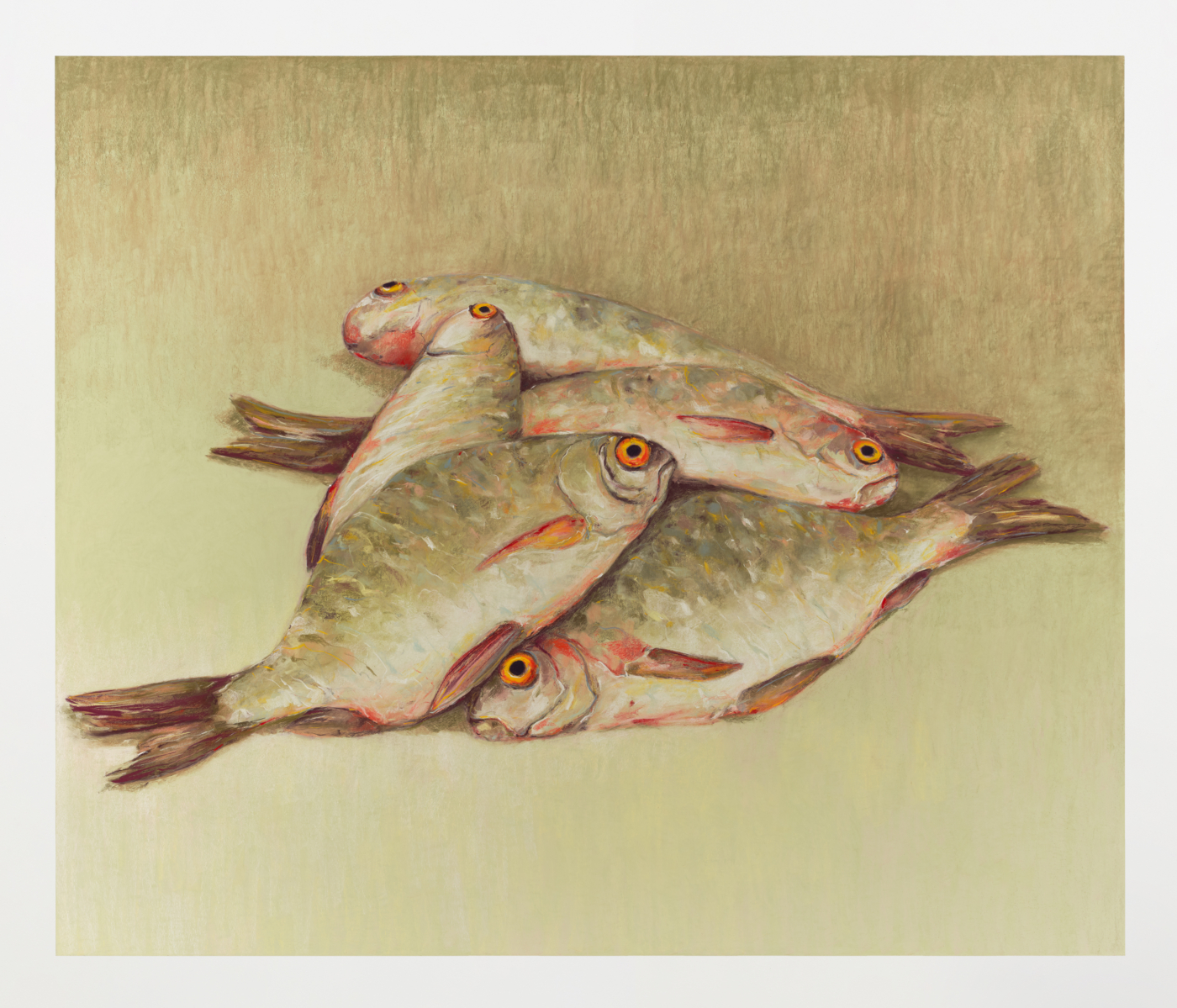 Dead Fish, 2026. Soft pastel on wall, 173 x 206 in. (439.42 x 523.24 cm)