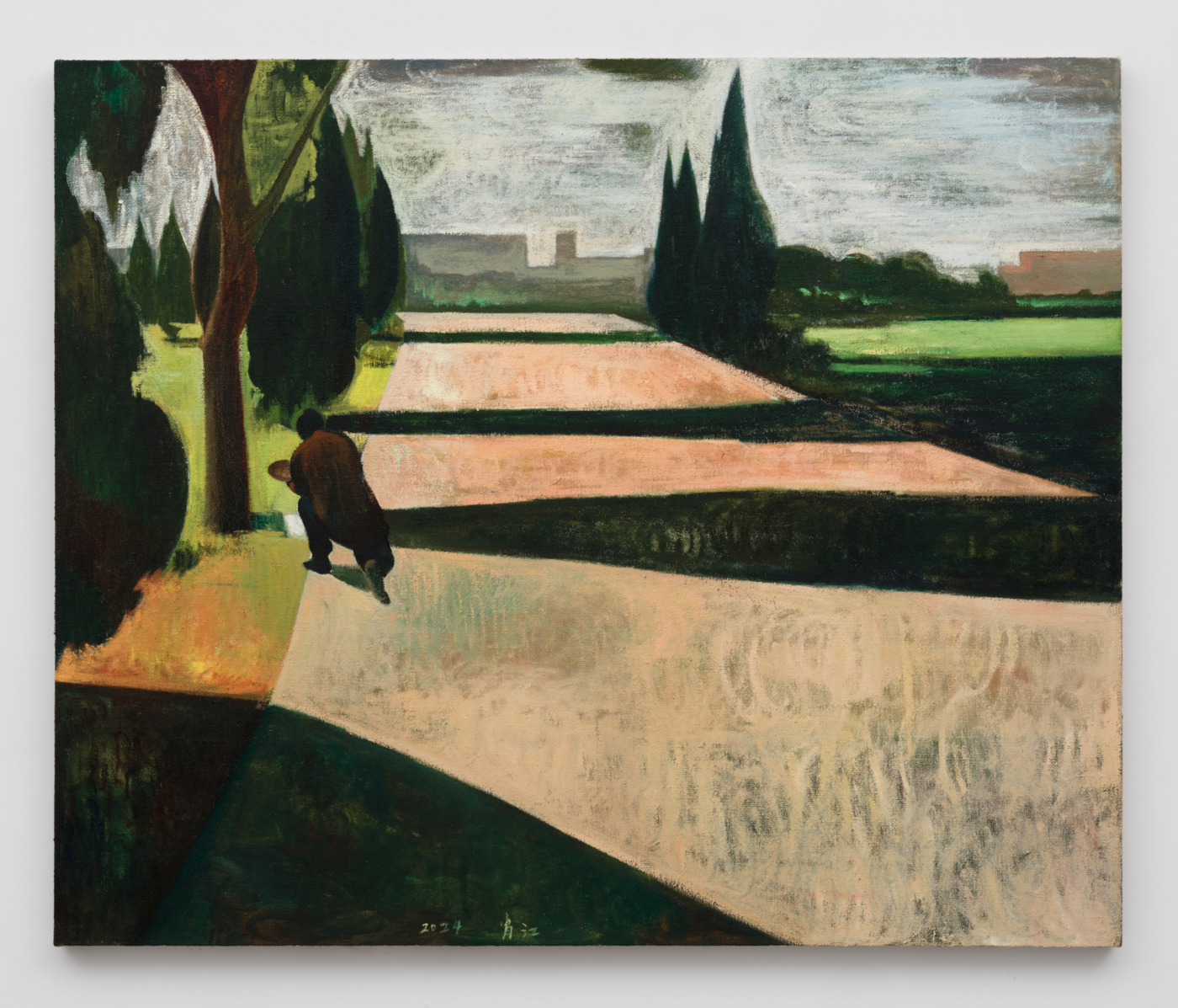 Plein Air in the Suburbs, 2024. Oil on burlap, 59 x 70 7/8 in. (150 x 180 cm)