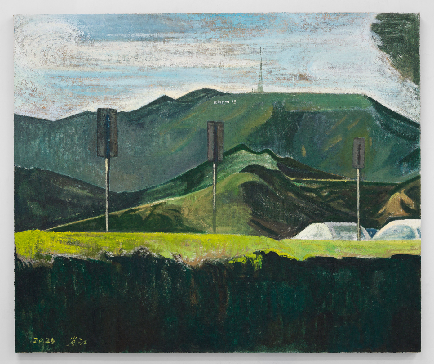 Three Billboards, 2025. Oil on burlap, 39⅜ x 47¼ in. (100 x 120 cm)