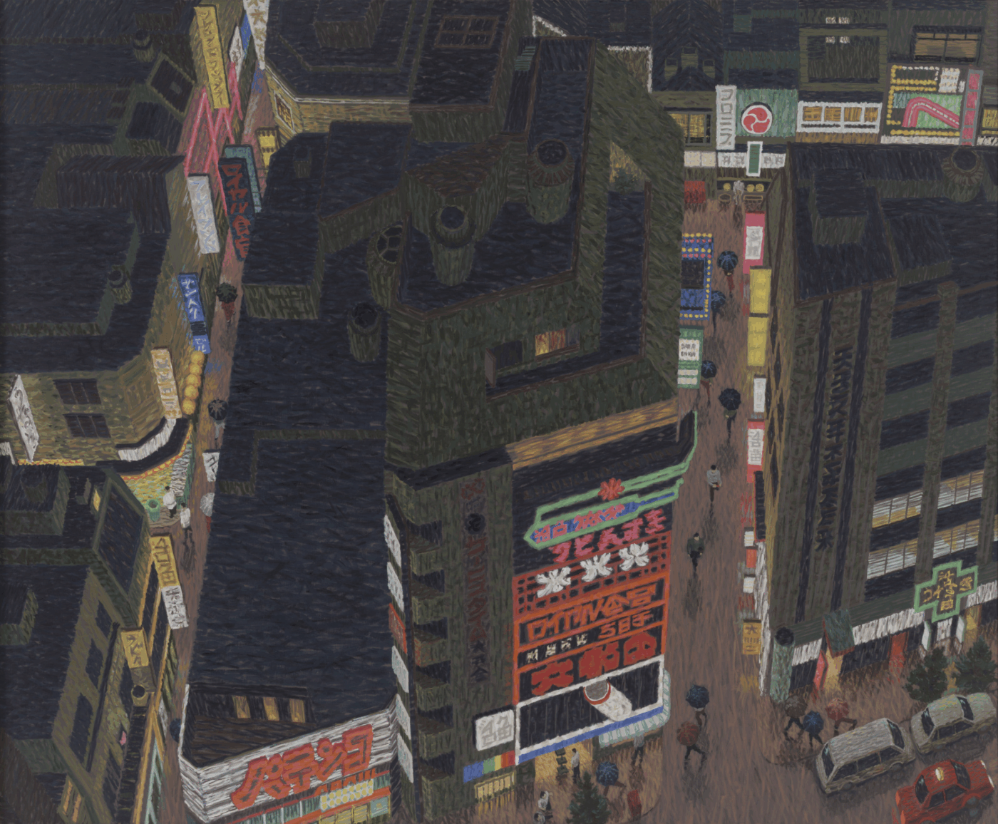 Shinjuku Pleasure District, Tokyo II, 1985. Oil on canvas, 6' 4 1/2" x 7' 8 1/2" (194.3 x 234.9 cm), collection of the Museum of Modern Art, New York