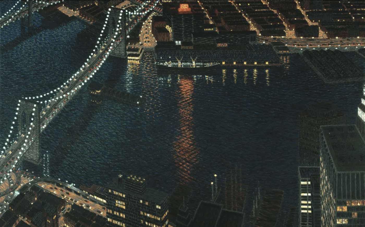 East River View with Brooklyn Bridge, 1983. Oil on canvas, 80 1/4 × 128 × 1 1/2 in. (203.8 × 325.1 × 3.8 cm), collection of the Brooklyn Museum, New York