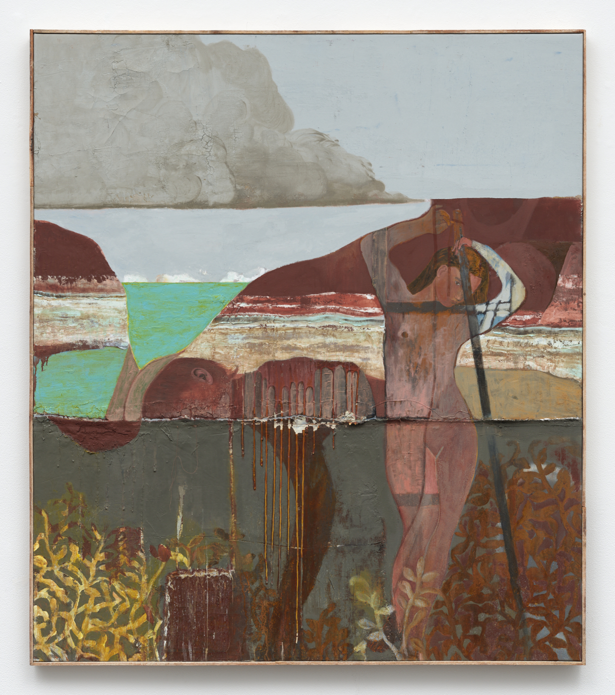 Cloud seeder, 2026. Oil, acrylic, and plaster on canvas in artist frame, 64 x 56⅛ in. (162.56 x 142.57 cm); 64 3/4 x 56 3/4 in. (164.47 x 144.15 cm) framed