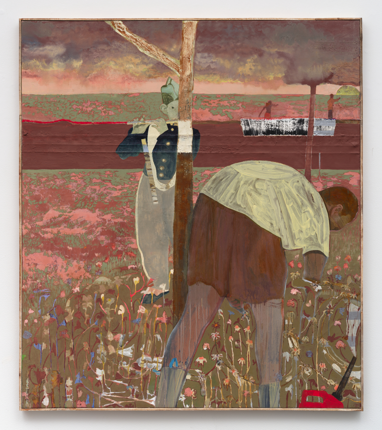 Red river mirage, 2026. Pil, acrylic, and plaster on canvas in artist frame, 64 x 56 in. (162.56 x 142.24 cm); 64⅞ x 56¾ in. (164.80 x 144.15 cm) framed