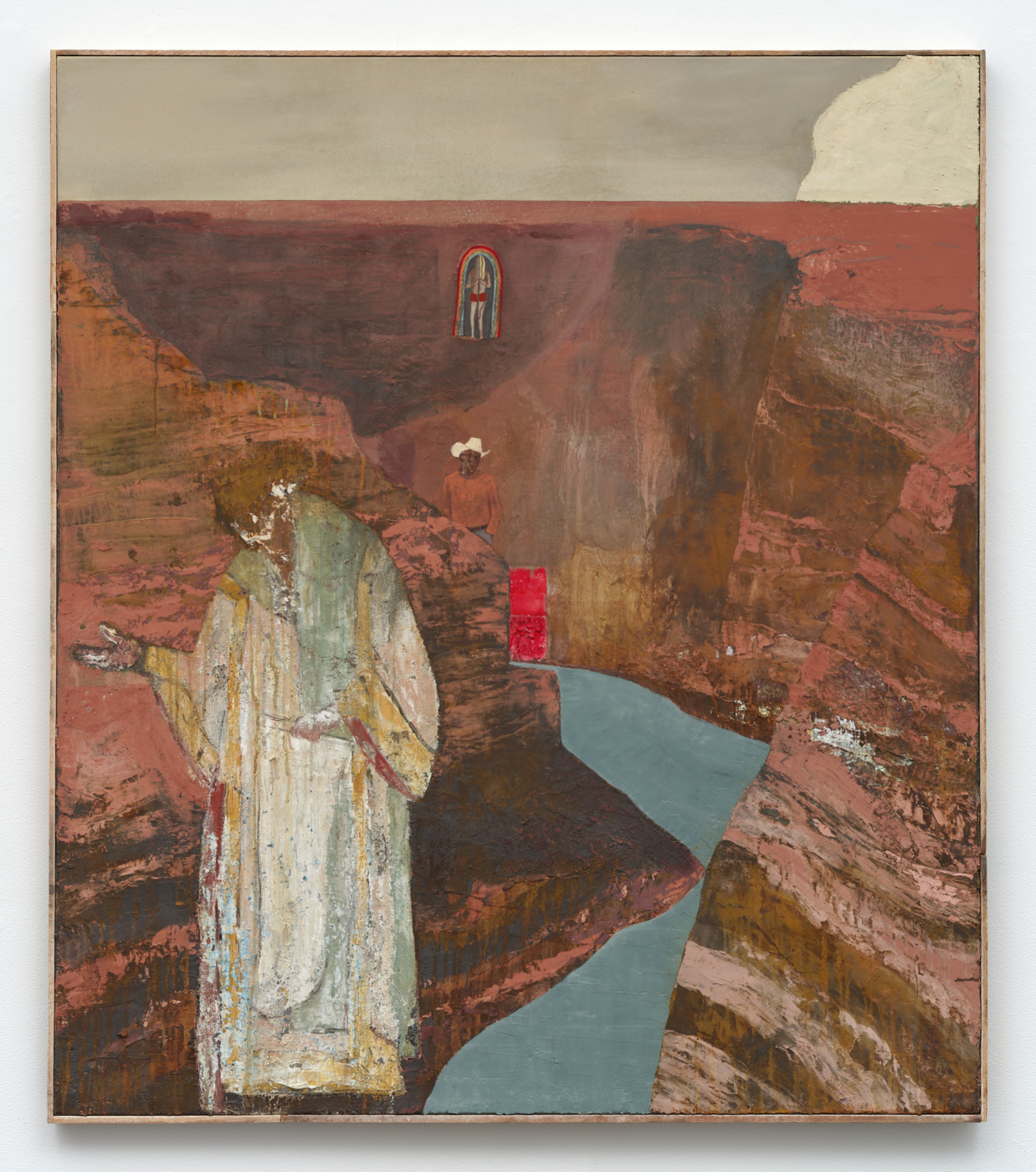 Shell game, 2025–26. Oil, acrylic and plaster on canvas in artist frame, 64 x 56 in. (162.56 x 142.24 cm); 64¾ x 56¾ in. (164.47 x 144.15 cm) framed