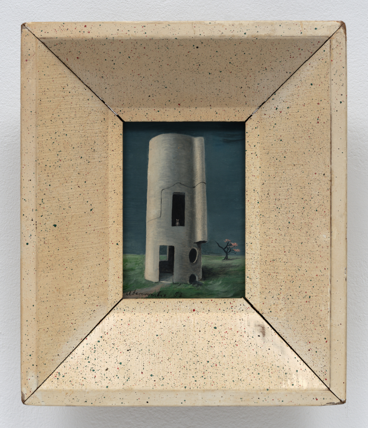 Gertrude Abercrombie, Little Silo, 1953. Oil on Masonite, 4 x 2¾ in. (10.16 x 6.99 cm); 8¼ x 7⅛ in. (20.96 x 18.11 cm) framed