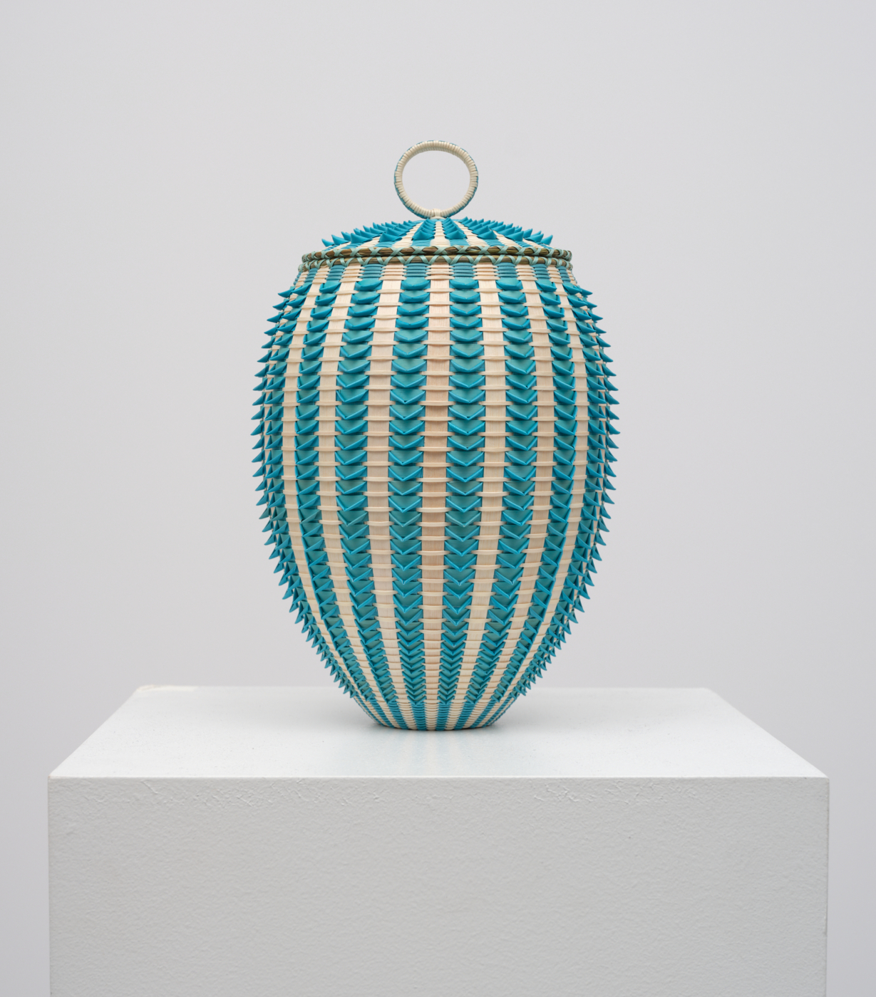 Jeremy Frey, Glacier, 2026. Black ash, synthetic dye and sweetgrass, 12¼ x 7¾ x 7¾ in. (31.12 x 19.68 x 19.68 cm)