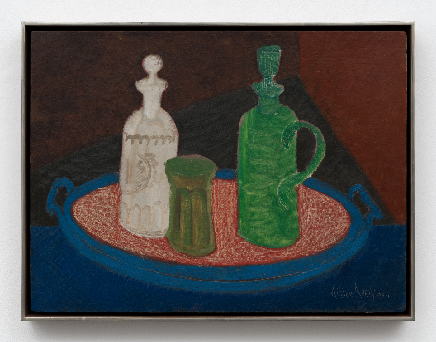 Milton Avery, Still Life with Bottles, 1949. Oil on canvas board, 17¾ x 23⅞ in. (45.09 x 60.66 cm); 19 x 24⅞ in. (48.26 x 63.20 cm) framed