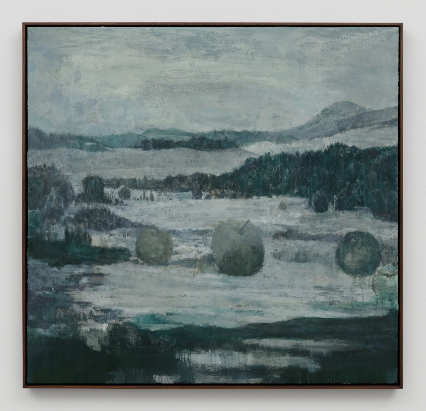 Landscape with Apples, 2026. Oil on linen, 45 1/4 x 47 1/4 in. (114.94 x 120.02 cm); 46 3/8 x 48 3/8 in. (117.81 x 122.89 cm) framed