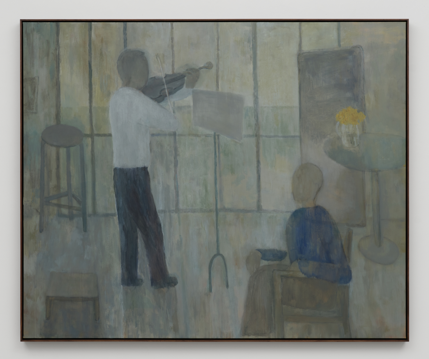 Violin Player, 2026. Oil and charcoal on linen, 65 x 78¾ in. (165 × 200 cm); 66 1/8 x 79 7/8 in. (167.97 x 202.90 cm) framed