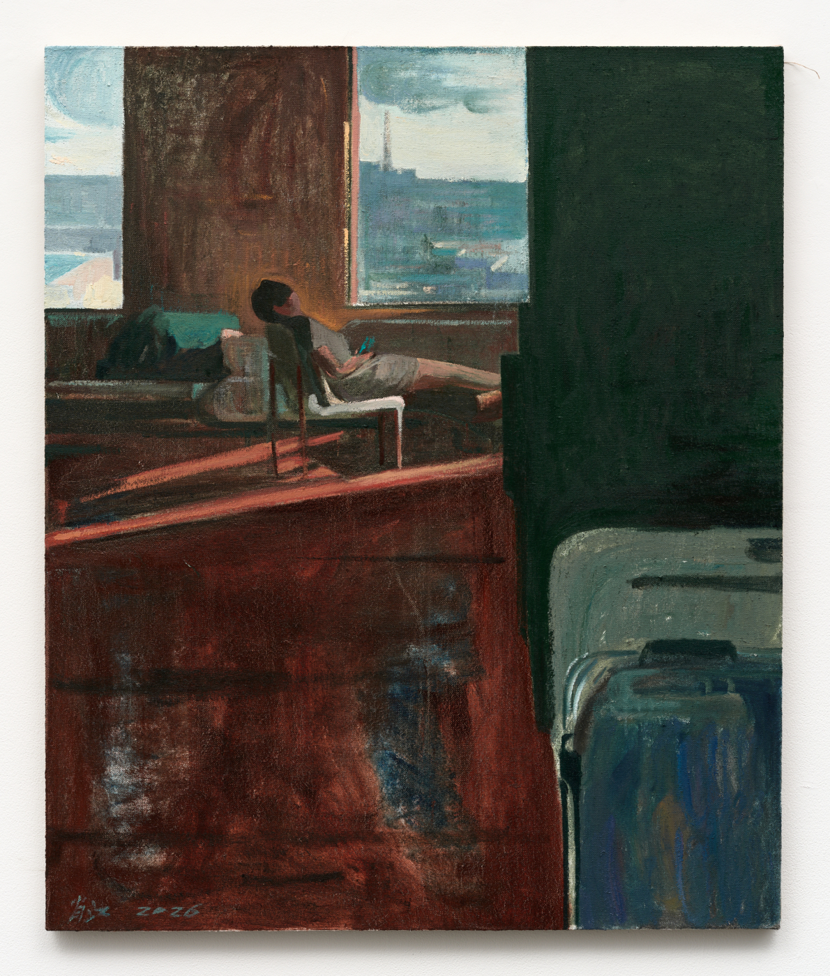 Xiao Jiang, Vacation, 2026. Oil on burlap, 47¼ x 39⅜ in. (120 x 100 cm)