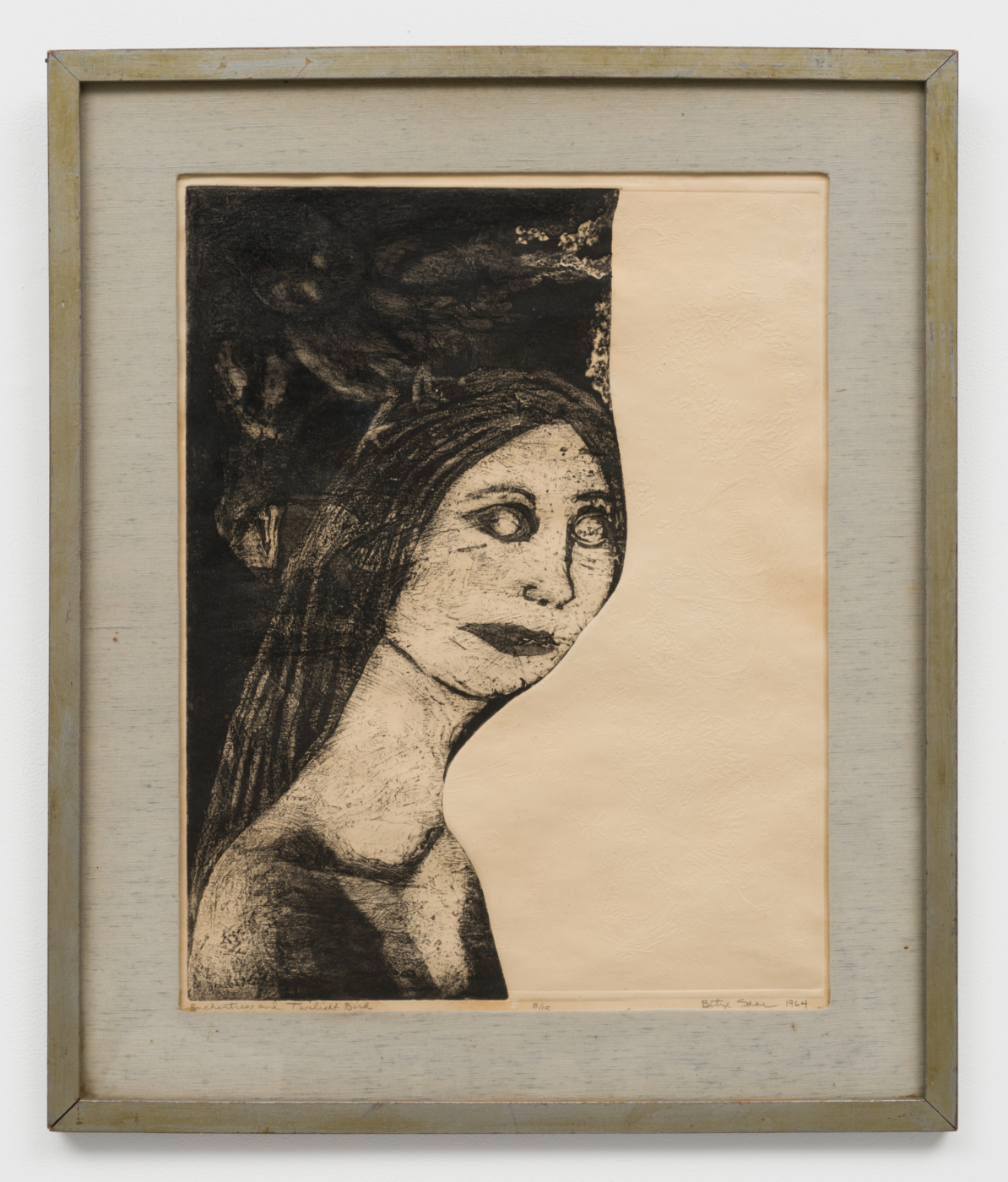 Betye Saar, Enchantress and Twilight Bird, 1964. Etching and aquatint with blind embossing, 19 x 15 in. (48.26 x 38.10 cm); 25 1/4 x 21 1/8 in. (64.14 x 53.67 cm) framed