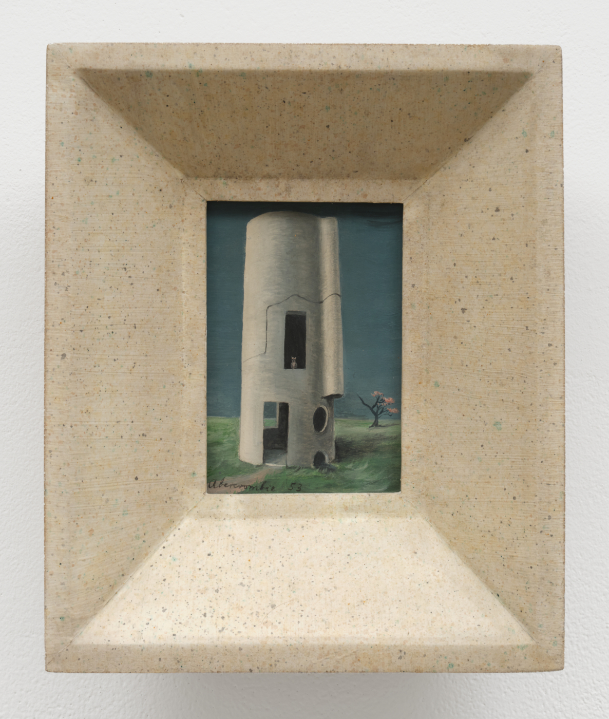 Gertrude Abercrombie, Little Silo, 1953. Oil on Masonite, 4 x 2¾ in. (10.16 x 6.99 cm); 8 x 7 x 1 5/8 in. (20.32 x 17.78 x 4.14 cm) framed