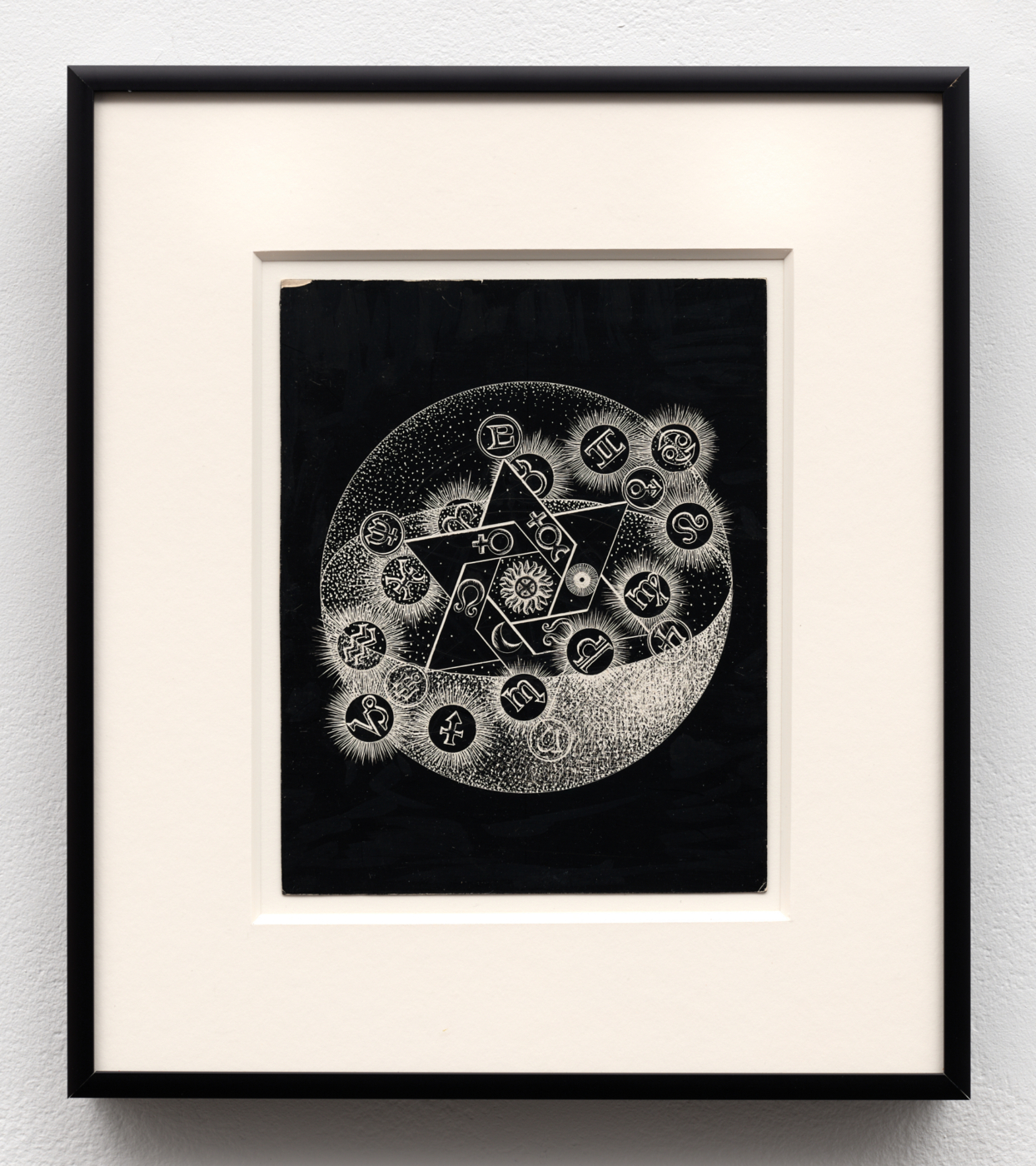Harry Smith, untitled Inkweed Arts prototype (Celestial sphere with planetary and zodiacal cycles), 1952. Direct engraving on scratchboard, 7 x 5½ in. (17.78 x 13.97 cm); 11¾ x 10¼ in. (29.84 x 26.04 cm) framed