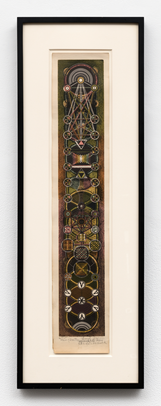 Harry Smith, untitled (The Tree of Life in the Four Worlds), 1953/1954. Printed by Inkweed Arts; color executed by Jordan Belson, 26⅛ x 5 in. (66.37 x 12.70 cm); 32¼ x 11 in. (81.92 x 27.94 cm) framed