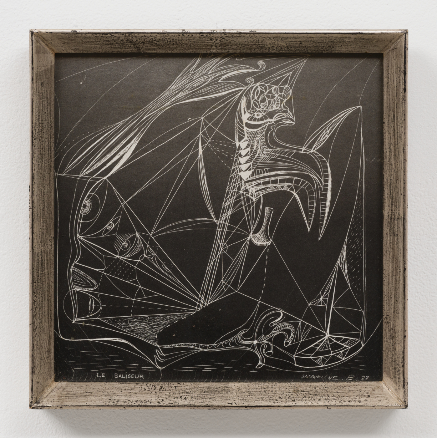 Jacqueline Lamba, Le Baliseur, 1937. Scratch drawing on black coat paper, 6 1/2 x 6 1/2 in (16.5 x 16.5 cm); 7 x 7 x 1 in. (17.78 x 17.78 x 2.54 cm) framed