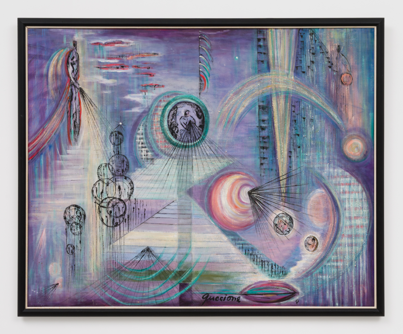Juanita M. Guccione, Syzygy, c. 1980. Acrylic on canvas, 45 x 56 1/4 in. (114.3 x 142.9 cm); 48 1/4 x 59 1/4 x 2 in. (122.56 x 150.50 x 5.08 cm) framed