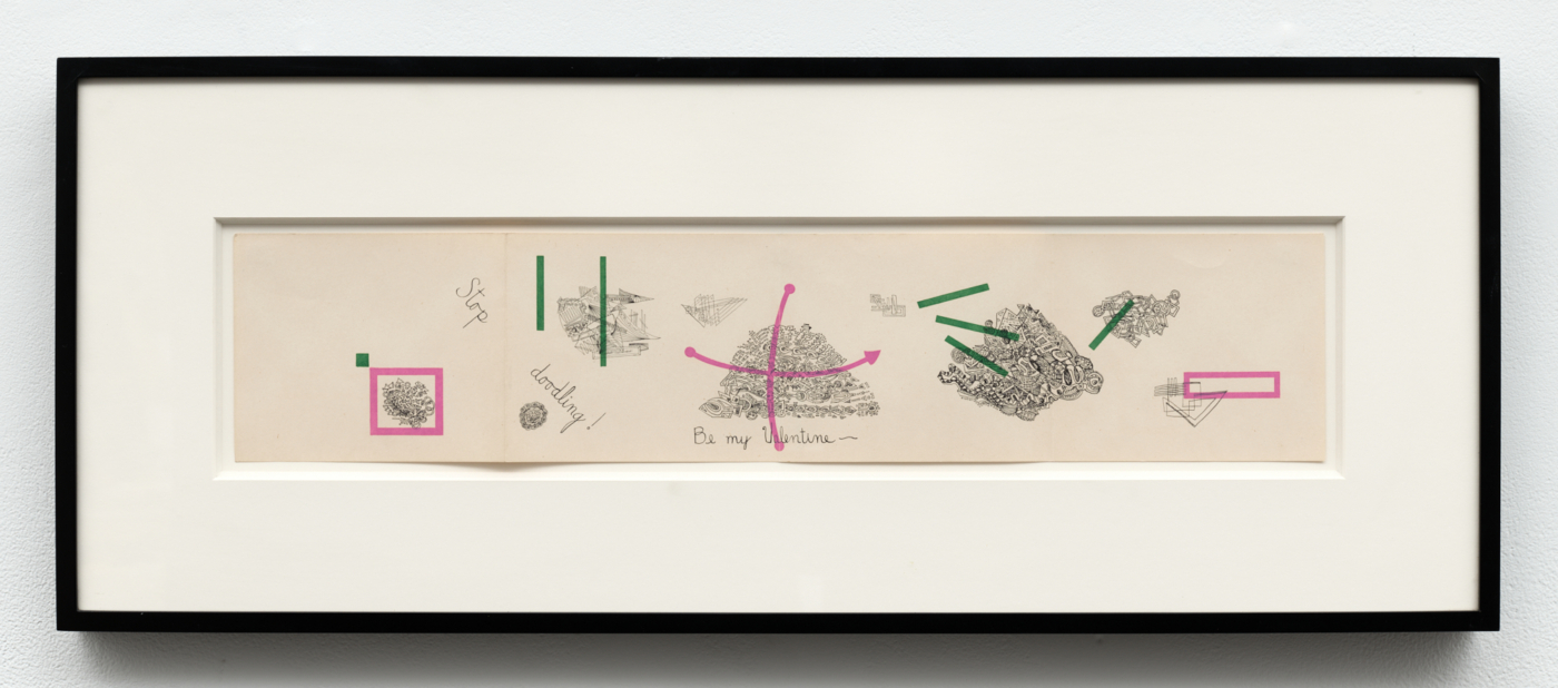 Joanne Ziprin, “Flat-fold” greeting card for Inkweed Arts (“Stop doodling! Be my Valentine—”), 1953. Offset print on paper, 5 x 23⅞ in. (12.70 x 60.66 cm); 12½ x 31½ in. (31.75 x 80.01 cm) framed