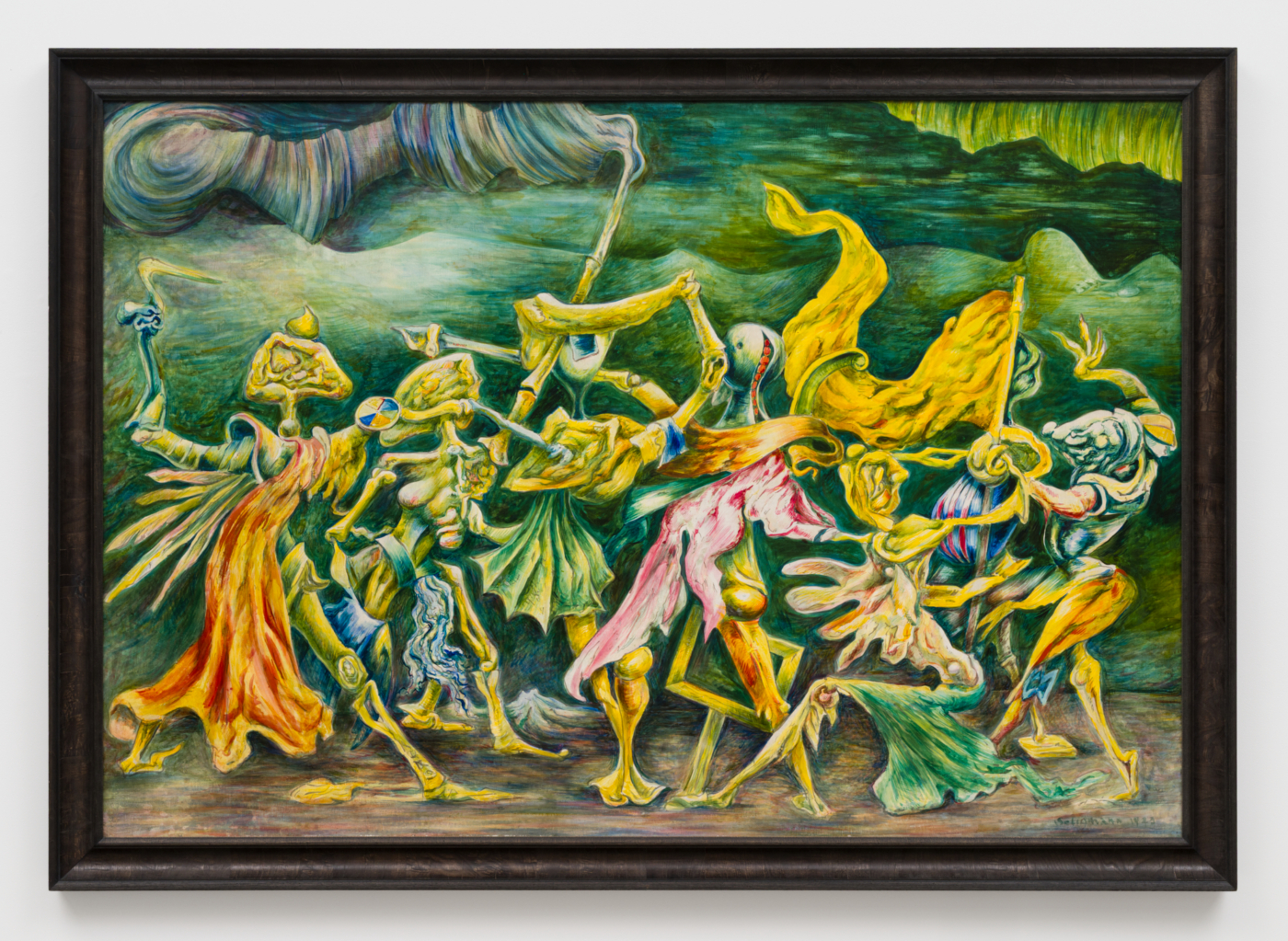 Kurt Seligmann, The Unwelcome Guests, 1943. Oil on masonite, 48 x 70 in. (121.92 x 177.80 cm); 54 1/8 x 76 1/4 in. (137.49 x 193.68 cm) framed