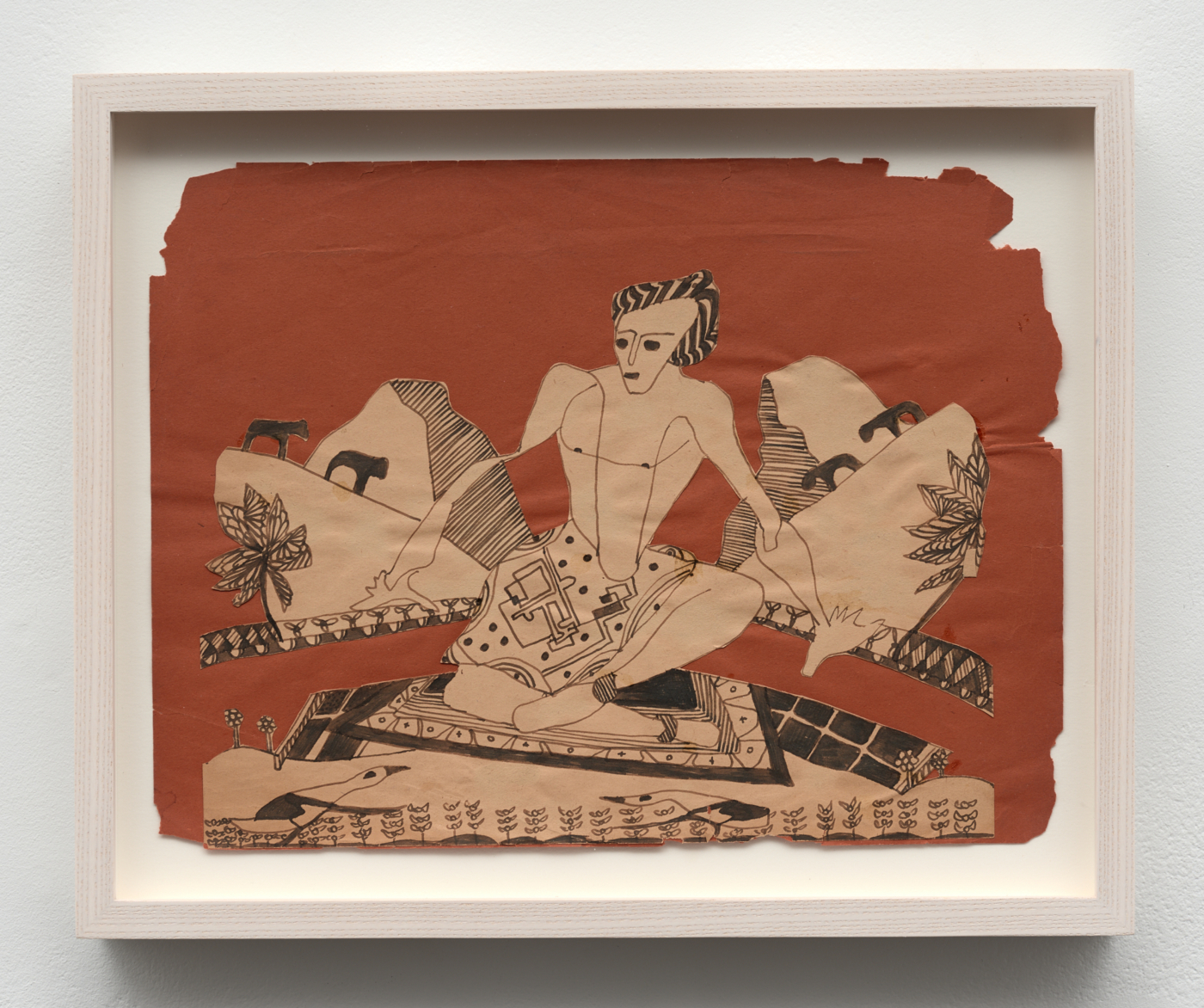 Lionel Ziprin, untitled, 1950–1959. Cut-out ink on paper drawing mounted on colored paper, 9⅜ x 11⅝ in. (23.80 x 29.53 cm); 11 1/4 x 13 3/4 in. (28.57 x 34.92 cm) framed