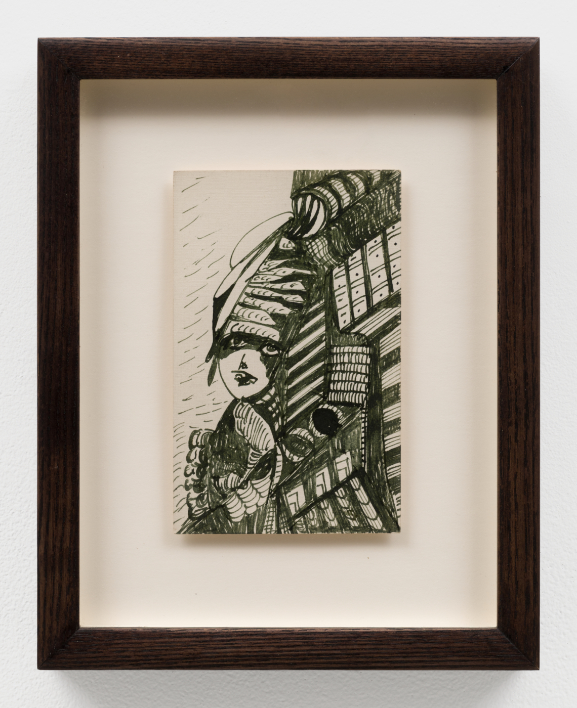 Madge Gill, Untitled, c. 1940. Ink on card, 5½ x 3½ x 1¼ in. (13.97 x 8.89 x 3.17 cm); 9 1/2 x 7 1/2 x 1 1/4 in. (24.13 x 19.05 x 3.17 cm) framed