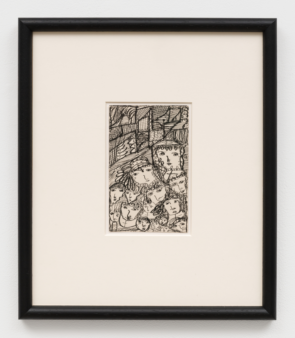 Madge Gill, Untitled, c. 1940. Ink on postcard, 5 3/8 x 3 3/8 inches (13.8 x 8.6 cm); 13 x 11 x 3/4 in. (32.99 x 28.00 x 1.91 cm) framed