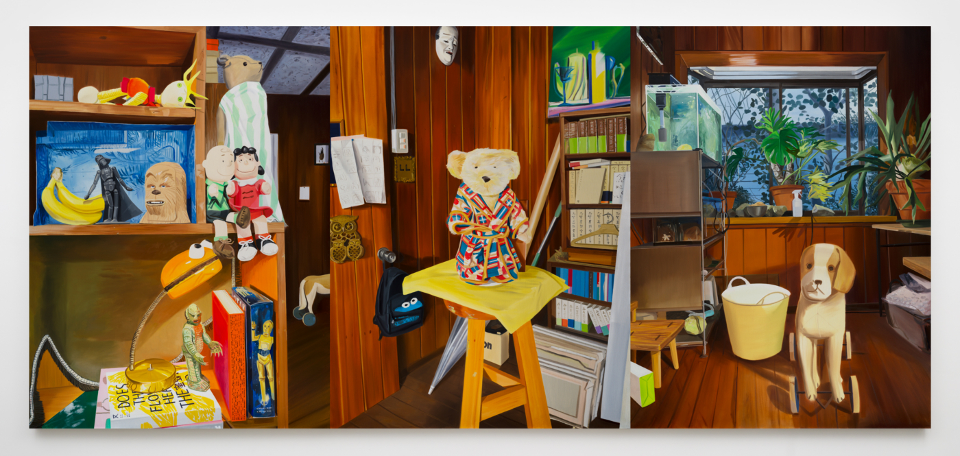 Ulala Imai, STUDIO, 2026. Oil on canvas, triptych, 102 x 229 1/8 in. (259.00 x 582.00 cm) overall