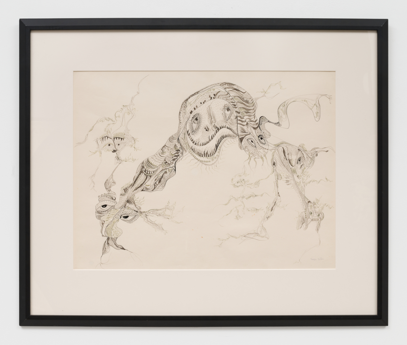 Unica Zürn, Untitled, c. 1963. Ink on paper, 19¾ x 25⅝ in. (50.16 x 65.10 cm); 30 x 36 x 1 in. (76.20 x 91.44 x 2.54 cm) framed