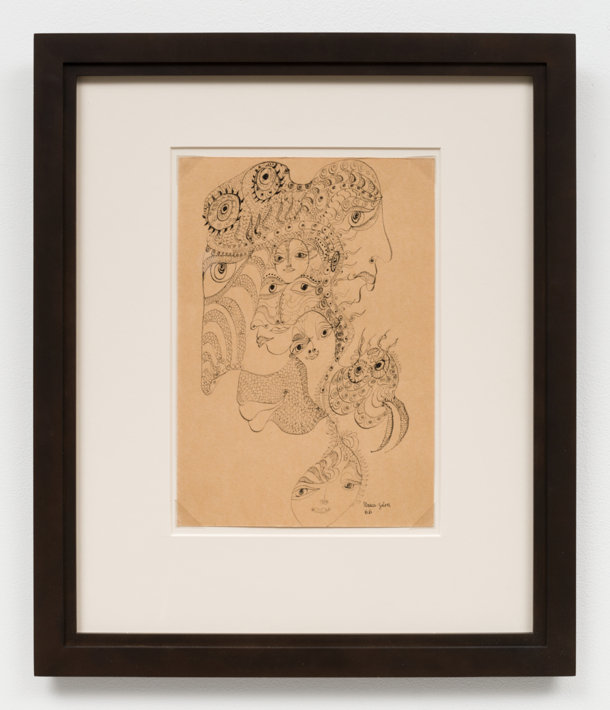 Unica Zürn, Untitled, 1966. Ink on paper, 11 x 7⅝ in. (27.94 x 19.38 cm); 19 1/8 x 16 1/8 x 3/4 in. (48.59 x 40.97 x 1.91 cm) framed
