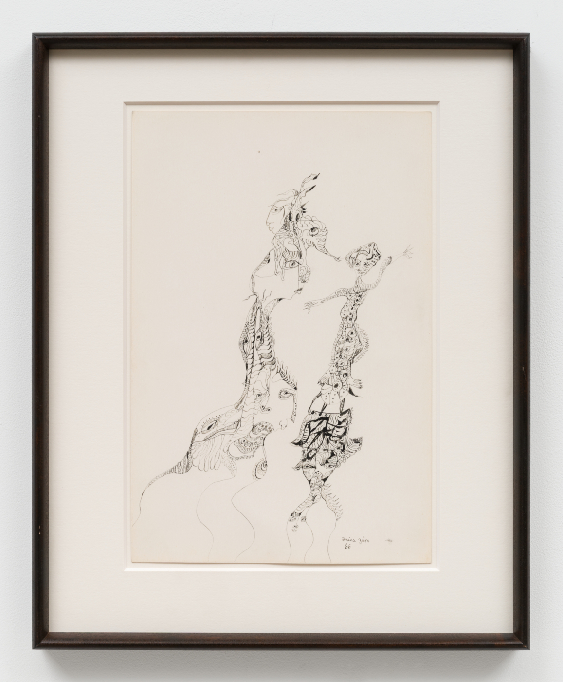 Unica Zürn, Untitled, 1966. Ink on paper, 15 x 9⅞ in. (38.10 x 25.10 cm); 20 3/8 x 16 1/4 x 1 1/2 in. (51.77 x 41.15 x 3.81 cm) framed