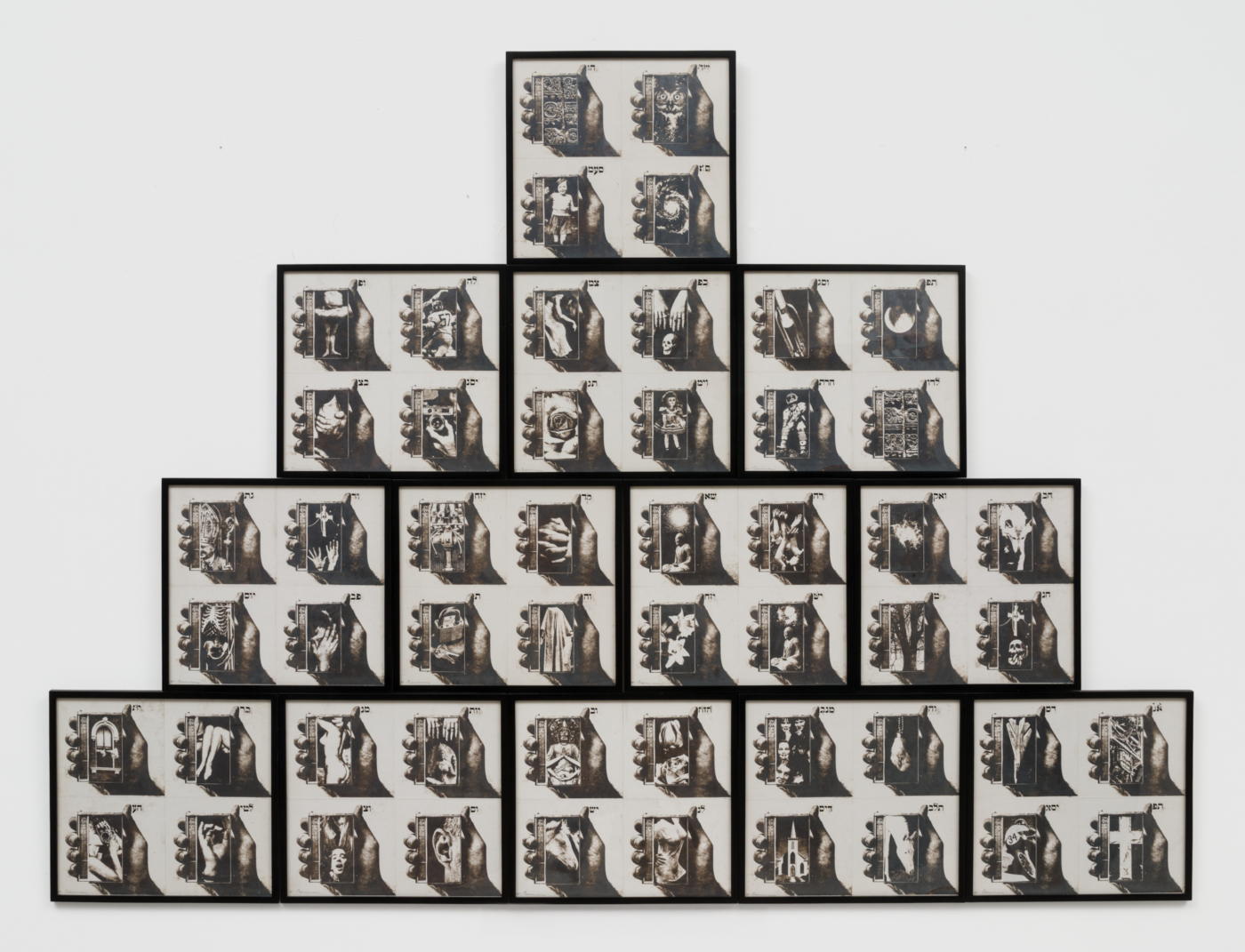 Wallace Berman, Radio-Aether Series, 1966/74. Verifax collage on board, 12 x 13 in. (30.48 x 33.02 cm) each; 51 1/4 x 69 x 3/4 in. (130.18 x 175.26 x 1.91 cm) overall