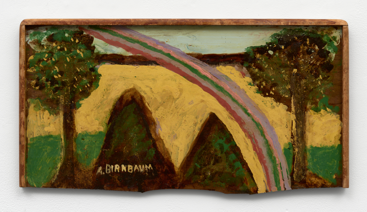 Aaron Birnbaum, untitled (landscape with rainbow), c. 1975. Oil and varnish on panel in found frame, 13 x 24½ x 1⅛ in. (33.02 x 62.23 x 2.87 cm)