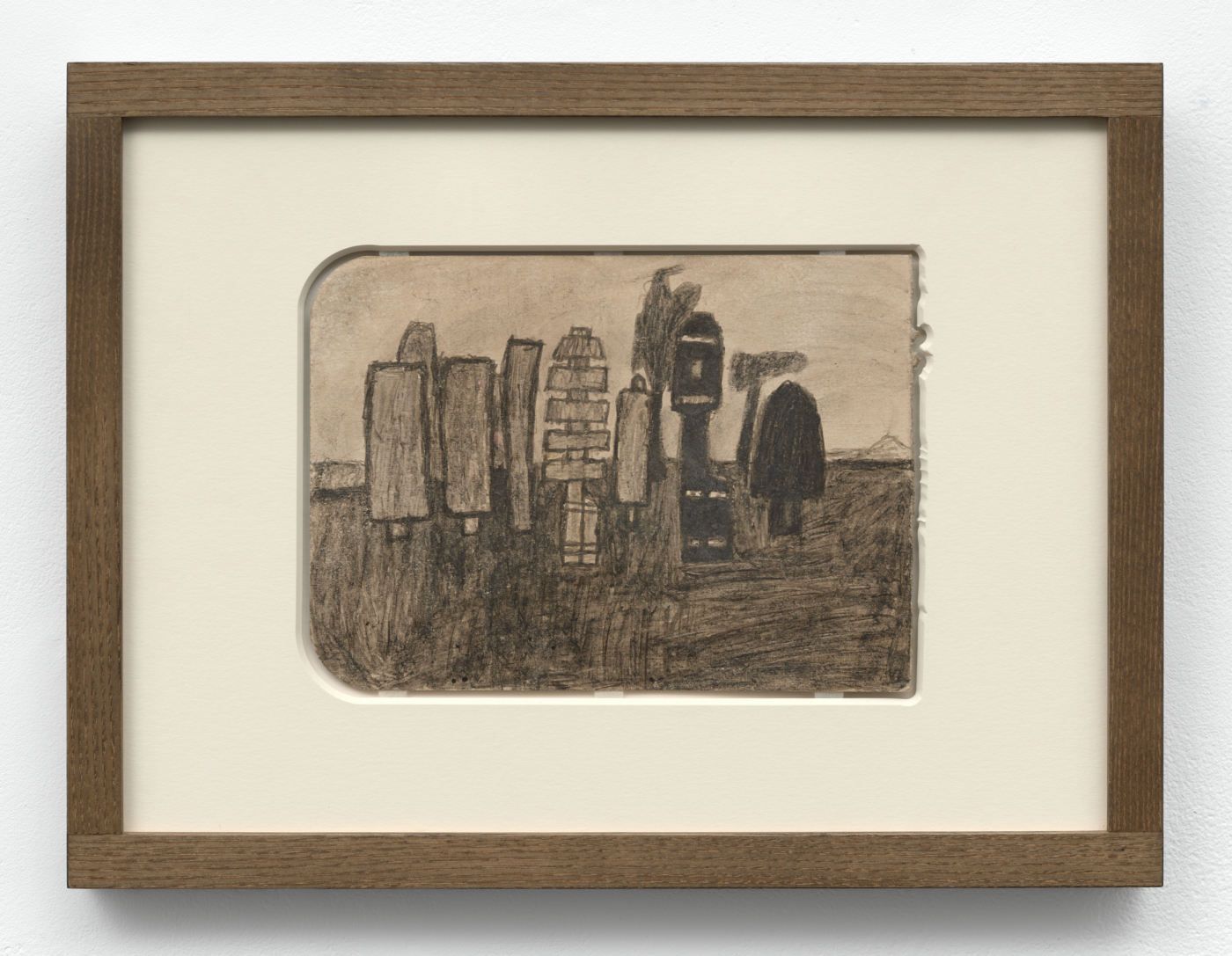 James Castle, Untitled (Landscape with totems), n.d. Soot and saliva on found paper, 6½ x 9 in. (16.50 x 22.90 cm); 12 x 16¼ in. (30.48 x 41.27 cm) framed