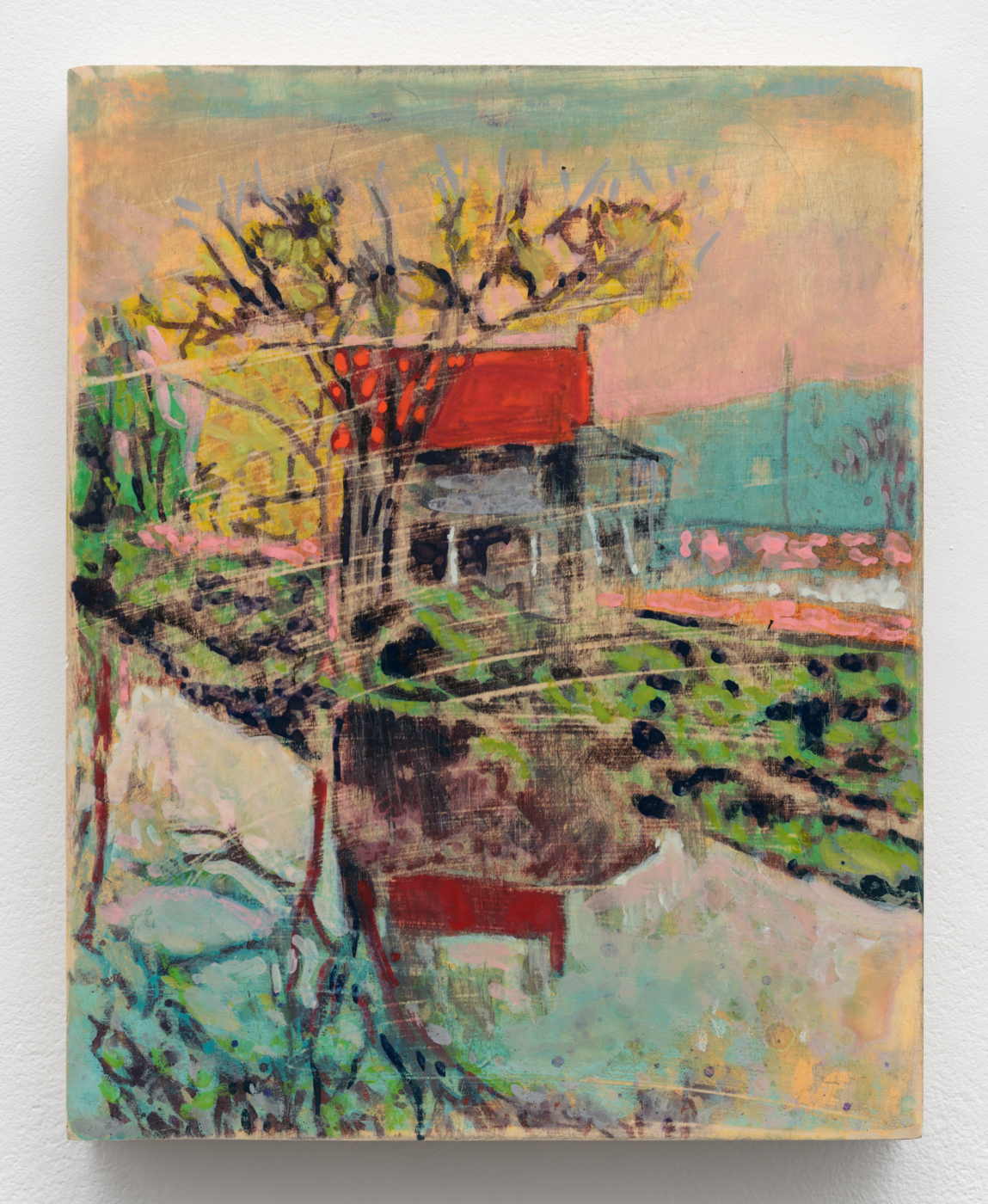 John MacLean, Red Roof, 2025. Watercolor on board, 11⅞ x 9½ in. (30.18 x 24.13 cm)