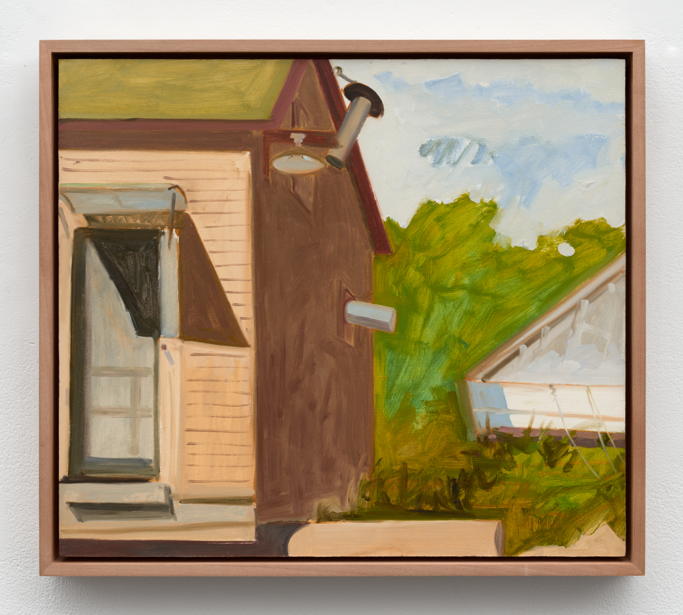 Lois Dodd, Corner, Shack + Boat, 1985. Oil on Masonite, 15⅞ x 18⅛ in. (40.32 x 46.04 cm); 17⅛ x 19⅜ in. (43.50 x 49.21 cm) framed