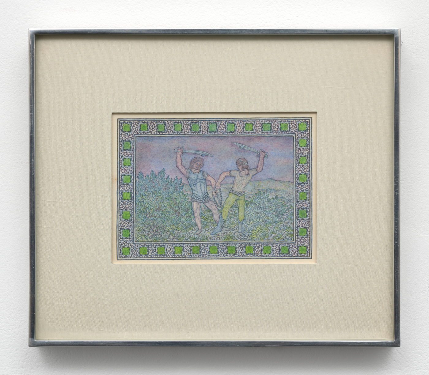 Philip Van Aver, Night Landscape with Fighting Men, 1985. Gouache and ink on paper, 4 x 5½ in. (10.16 x 13.97 cm); 9 x 10⅜ in. (22.86 x 26.37 cm) framed